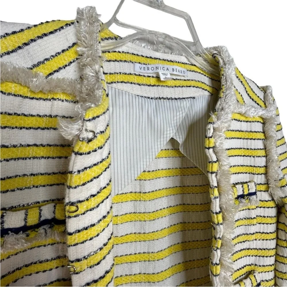 Veronica Beard Talie Tweed Blazer Yellow White Striped Frayed Trim Size 0 - Picture 9 of 12